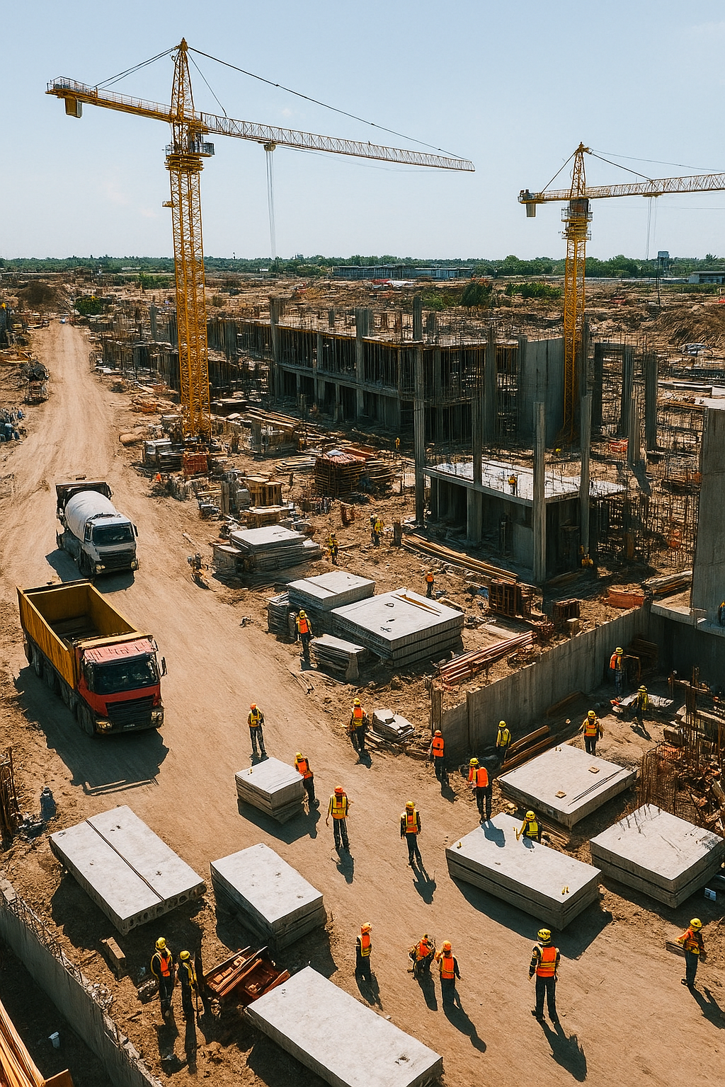 Construction site — aerial view with cranes and trucks